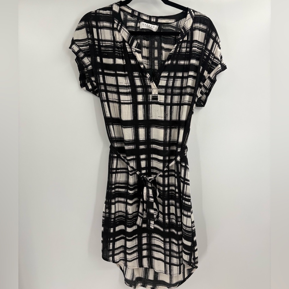 Velvet by Graham & Spencer Black White Plaid Tunic Dress Shirt Dress Belted xs